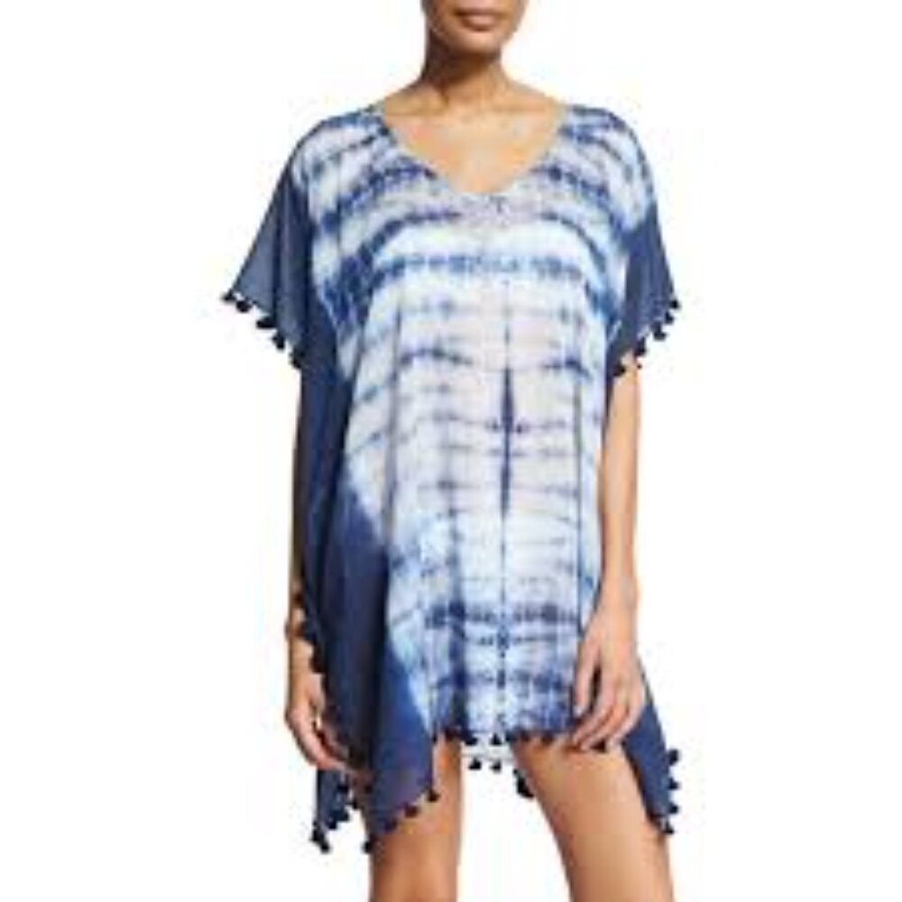 ✅ SEAFOLLY Project Kaftan NAVY/WHITE ONE SIZE BATHING SUIT COVER WITH FRINGE